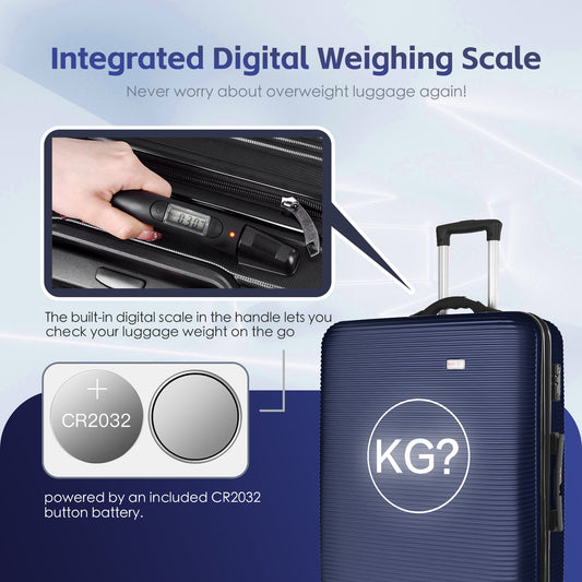 3 pcs 20"/24"/28" Digital Weighing Scale and USB Charging Port Lightweight Luggage Suitcase Blue