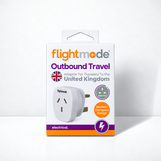 Flightmode outbound travel adaptor for the United Kingdom in white, in retail box