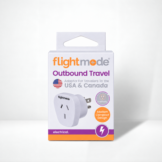 Flightmode outbound travel adaptor box for travellers to the USA and Canada, earthed, compact design