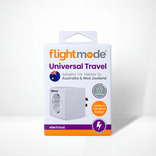 Flightmode universal travel adaptor box for visitors to Australia and New Zealand, white adaptor with earthed socket