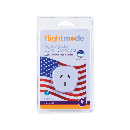 Flightmode Outbound USA/Canada Adaptor Type B - Allows Australian plugs to be used in countries that use USA 3 pin style outlets. Earthed. Max loading: 10A Adaptors do not convert voltage or frequency - please check the supply voltage and frequency and the voltage and frequency required to operate your appliance. If either of these differ, an appropriate transformer must be used.