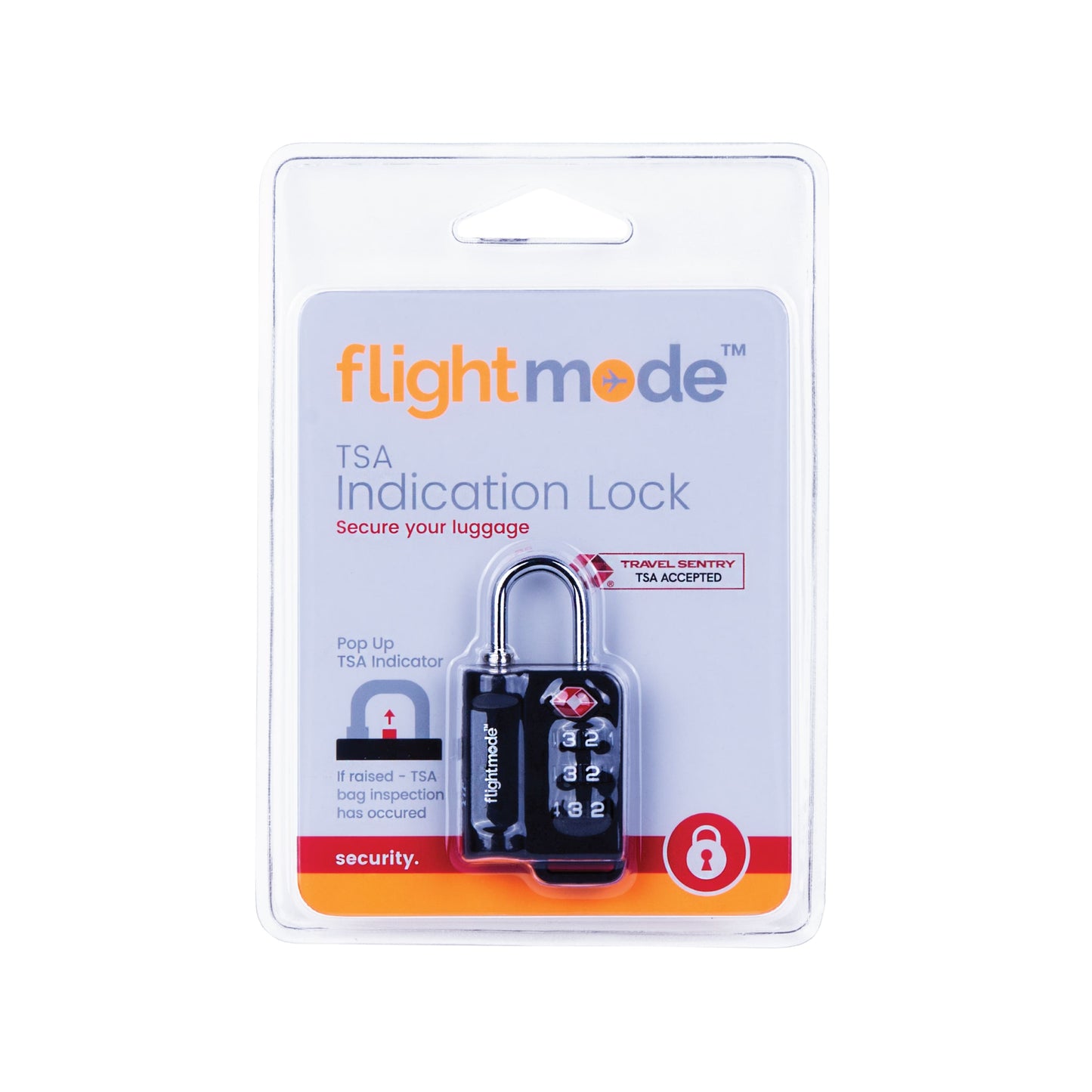 Flightmode TSA 3 Dial Indicator Padlock - Using this Travel Sentry® Approved lock allows your luggage to be unlocked and inspected by security authorities without damage. If the pop-up indicator is raised up this means TSA luggage inspection has occurred. Deter would-be bag thefts with brutalist composition Solid 10mm compact case construction Lightweight 28gm body while still resistant to bag tampering Fits most bag and luggage zippers Ideal for; luggage, zippered bags, backpacks, overnight bags, and lock