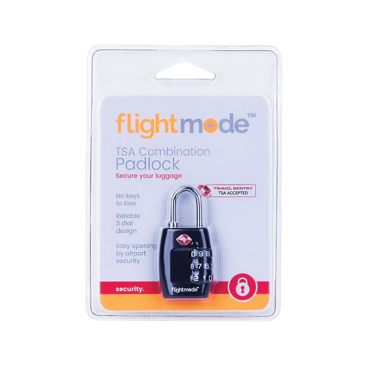 Flightmode TSA 3 Dial Padlock - Using this Travel Sentry® Approved lock allows your luggage to be unlocked and inspected by security authorities without damage. No keys to lose, easy to set using a code of your choice. Deter would-be bag thefts with brutalist composition Solid 12mm compact case construction Lightweight 28gm body while still resistant to bag tampering Fits most bag and luggage zippers Ideal for; luggage, zippered bags, backpacks, overnight bags, and lockers Carry-on compliant design Set you
