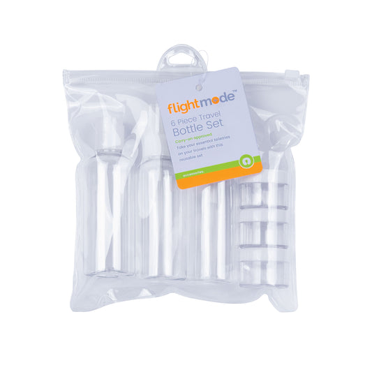 Flightmode Travel Bottle Set Large - With this carry-on approved and re-usable Travel Bottle Set you can take your essential toiletries on your travels. Contains: 3 x 100ml bottles. 3 x 15ml containers. 1 x clear PVC storage bag.